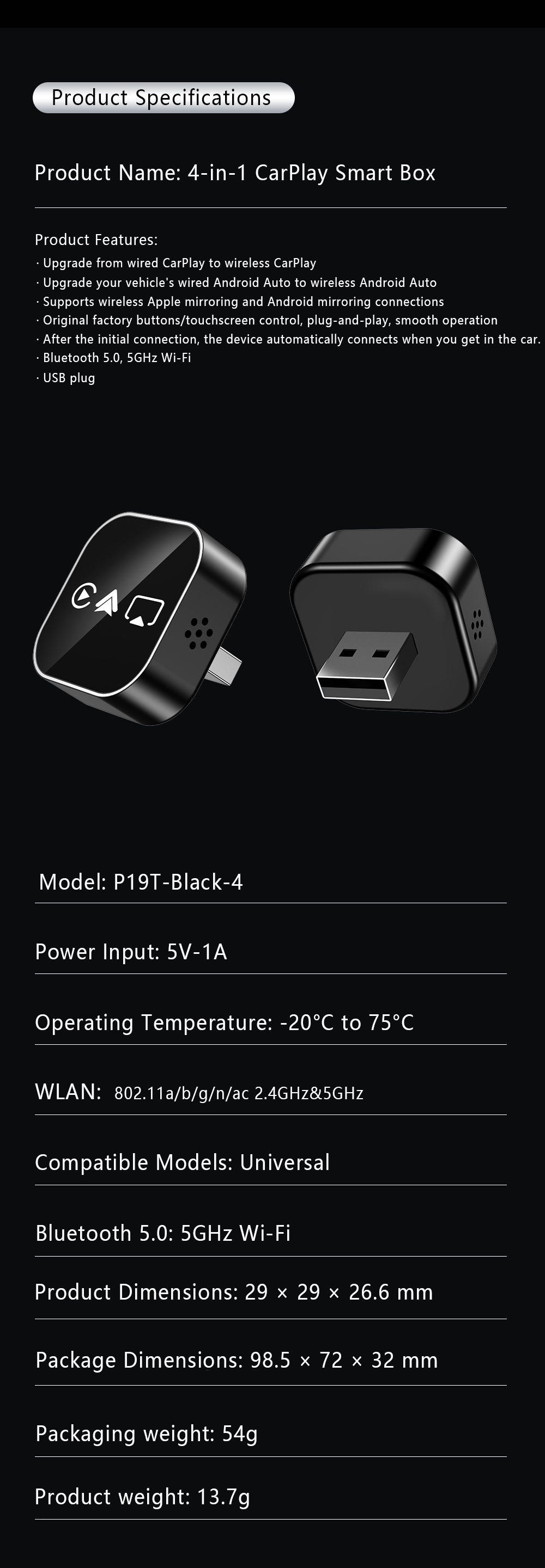 Wireless Carplay Multimedia Adapter4 in 1, Supports CarPlay Android Auto AirPlay Mirror Link Automatic Connection, Plug and Play