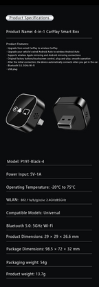 Wireless Carplay Multimedia Adapter4 in 1, Supports CarPlay Android Auto AirPlay Mirror Link Automatic Connection, Plug and Play